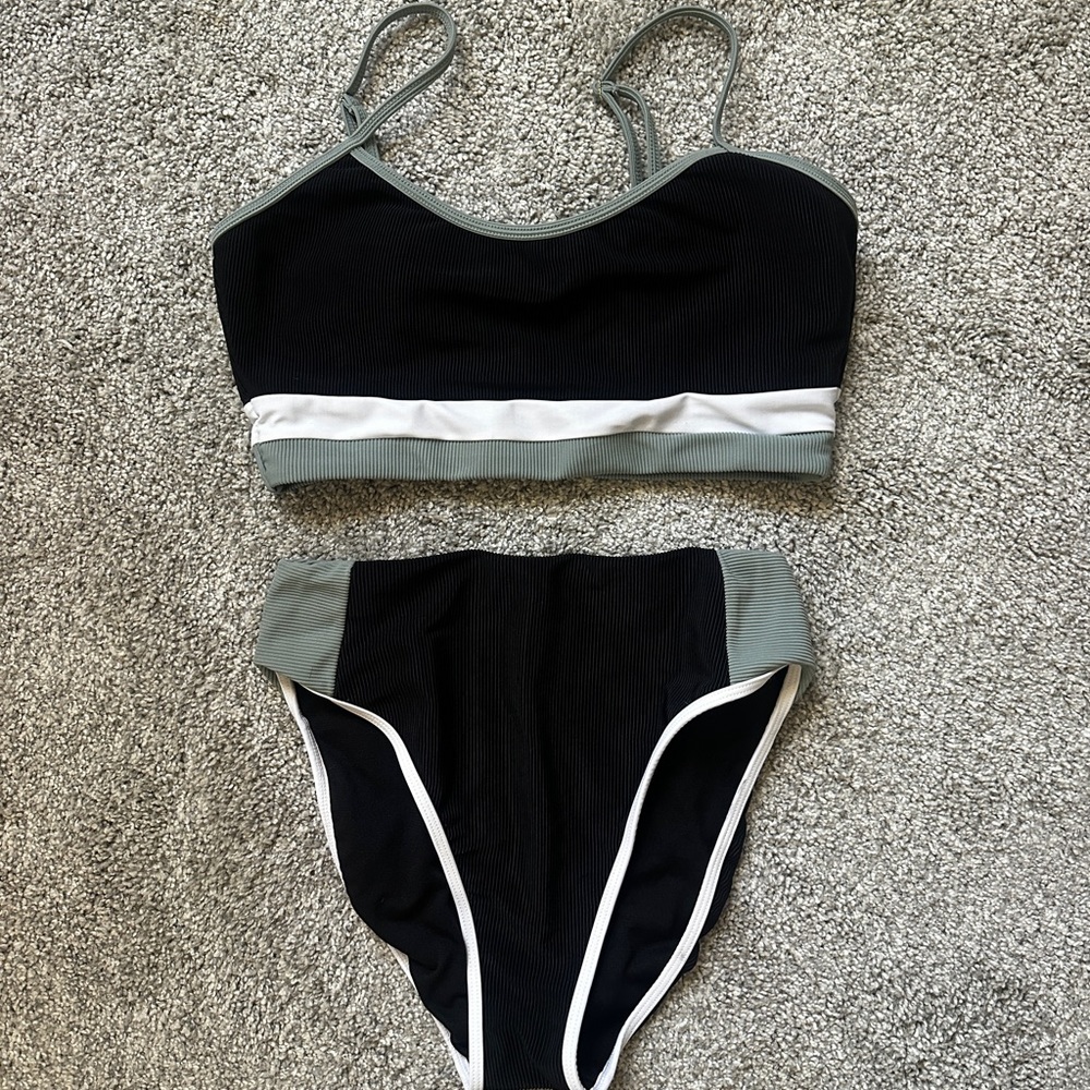 Reebok Black Ribbed High-Waist Bikini with Sage and White Trim